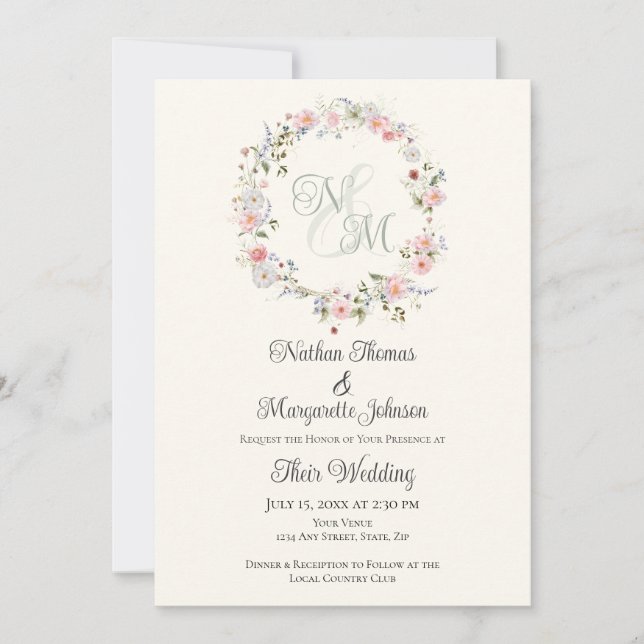 Invitation Monogram Watercolor Floral Wreath Wedding (Devant)