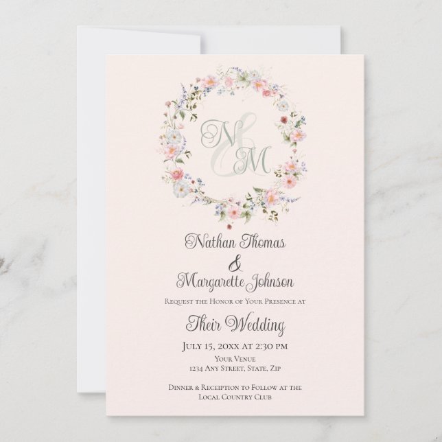 Invitation Monogram Watercolor Floral Wreath Wedding (Devant)