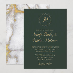 Invitation Monogramme à feuillage persistant Marbre d'or Mari