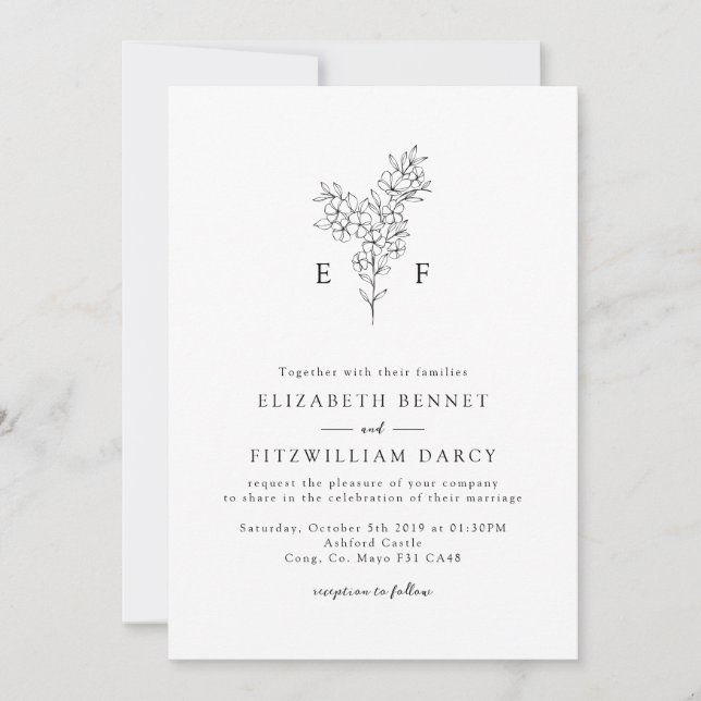 Invitation Monogramme à fleurs de cerisier minimes à main sim (Devant)