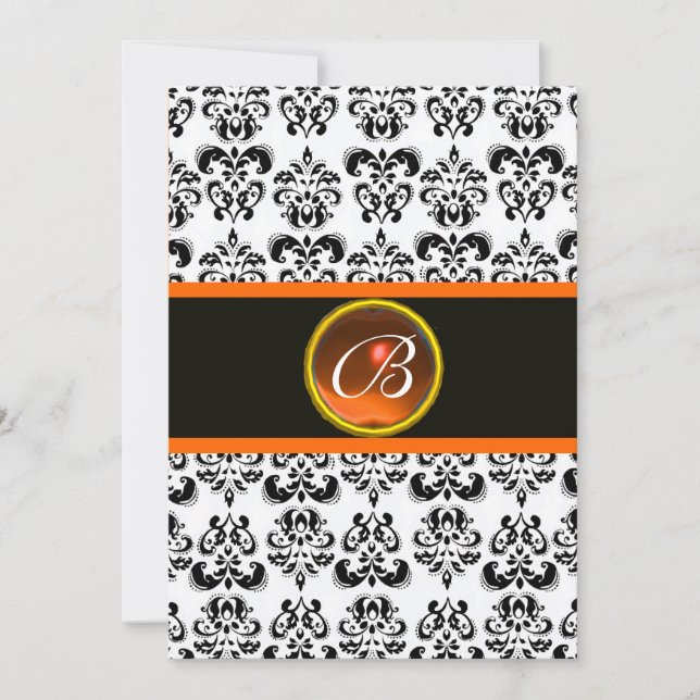 Invitation MONOGRAMME AGATE ORANGE DAMAS, noir et blanc (Devant)