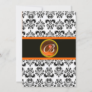 Invitation MONOGRAMME AGATE ORANGE DAMAS, noir et blanc
