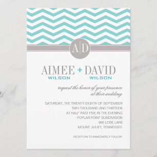 Invitation Monogramme Aimee Chic Chevron  Mariage turquoise