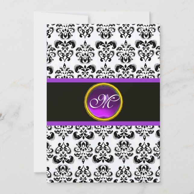 Invitation MONOGRAMME AMÉTHYSTE VIOLET DAMAS, noir et or (Devant)