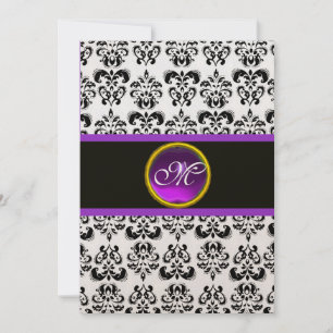 Invitation MONOGRAMME AMÉTHYSTE VIOLET DAMAS, noir et or