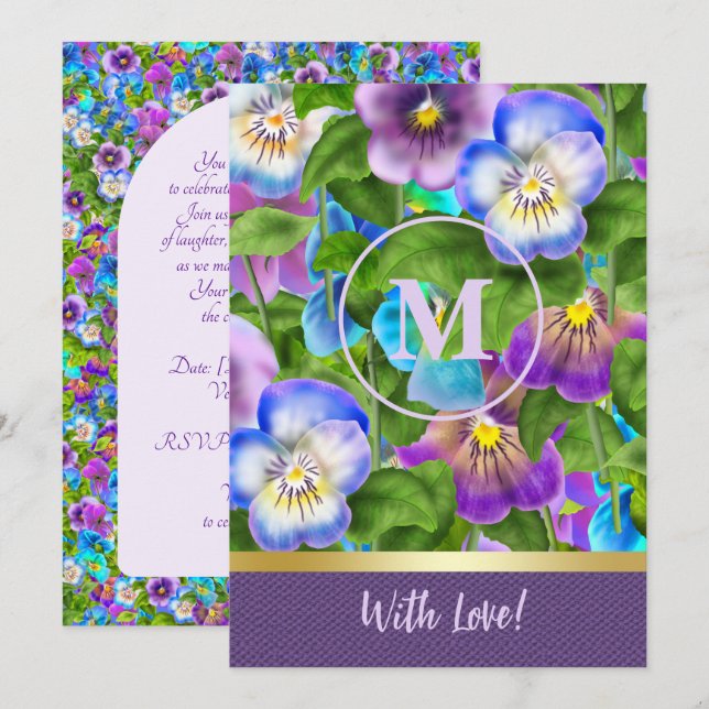 Invitation Monogramme Anniversaire Pansy Violet Fleurs Aquare (Devant / Derrière)