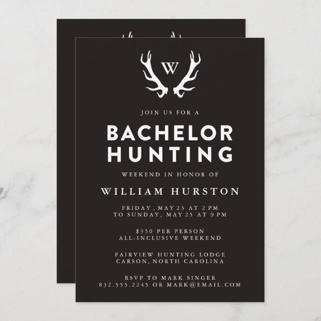Invitation Monogramme Antlers Chasse Bachelor Party Invitatio (Devant / Derrière)