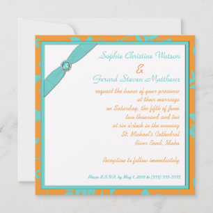 Invitation monogramme Aqua et Tangerine Carré