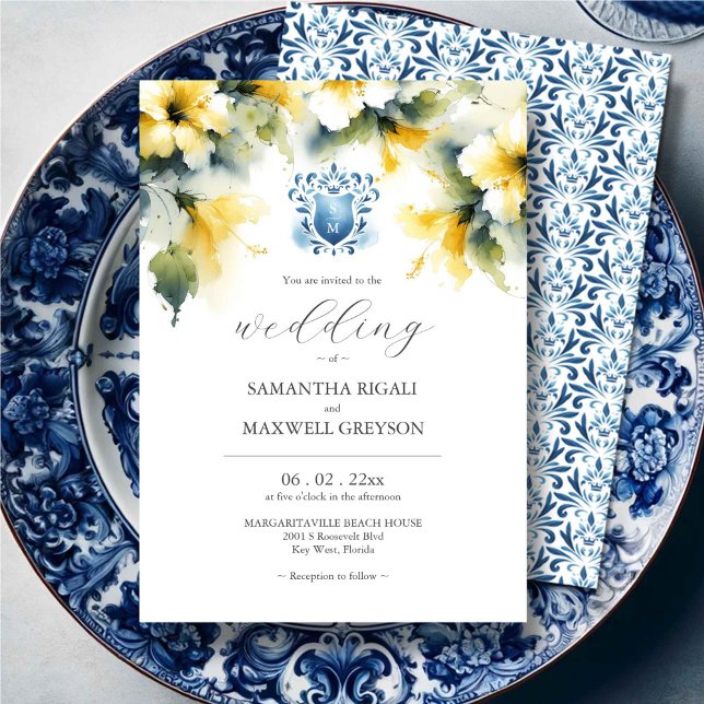Invitation Monogramme Aquarelle Bleu et Jaune Mariage (Elegant wedding invitations feature watercolor blue crest with yellow hibiscus flowers)