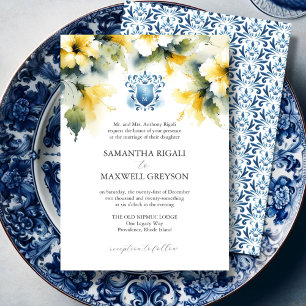 Invitation Monogramme Aquarelle Bleu et Jaune Mariage officie