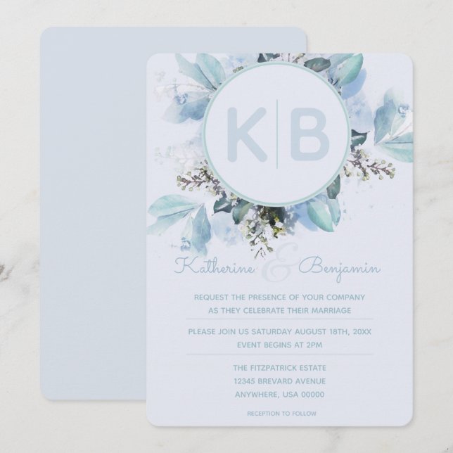 Invitation Monogrammé aquarelle botanique bleu poussiéreux (Devant / Derrière)