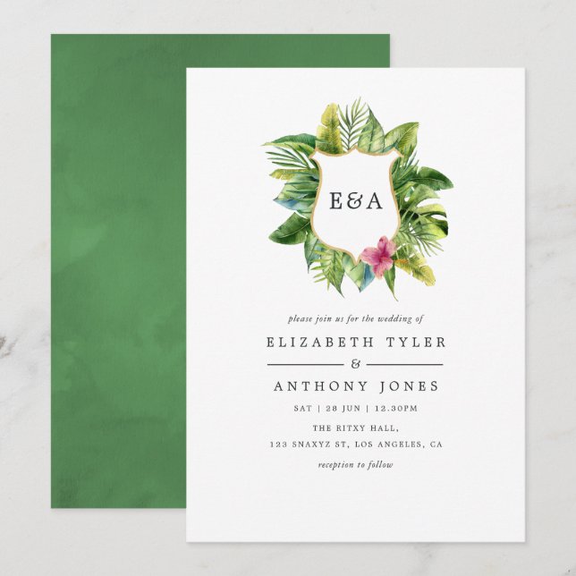 Invitation Monogramme aquarelle mariage tropical d'été de pla (Devant / Derrière)