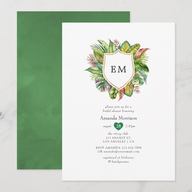 Invitation Monogramme aquarelle tropical douche de mariée d'é (Devant / Derrière)