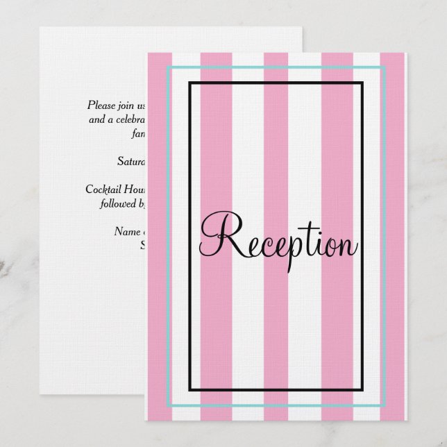 Invitation Monogramme argenté rayures rose blanc bleu Récepti (Devant / Derrière)