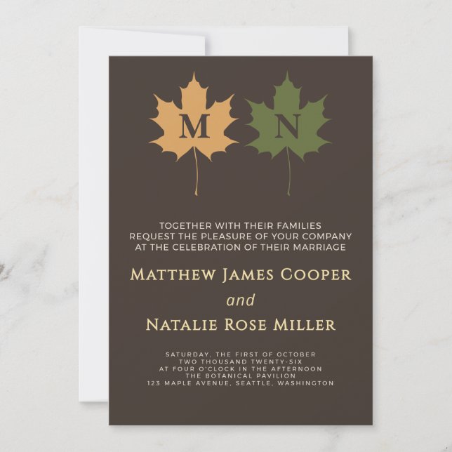 Invitation Monogramme Automnal Brun Foncé Rustique Olive Vert (Devant)