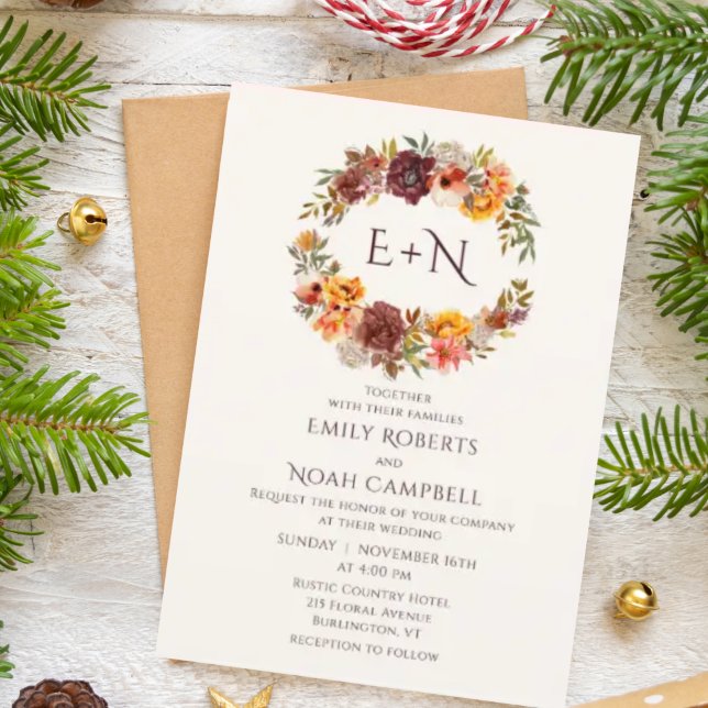 Invitation Monogramme Automne Plum Rustique Orange Floral Mar (Créateur téléchargé)