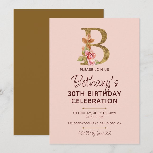 Invitation Monogramme B orné de roses roses blush (Devant / Derrière)