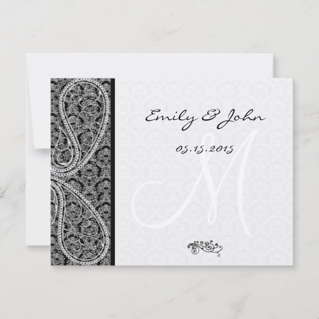 Invitation Monogramme Black Mariage damassé Numéro de tableau (Devant)