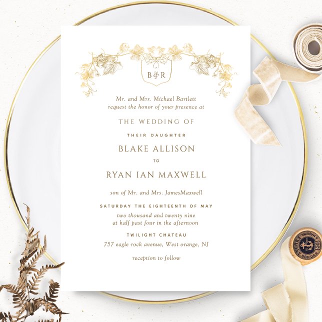 Invitation Monogramme blanc et or Enchantant Mariage officiel (Créateur téléchargé)