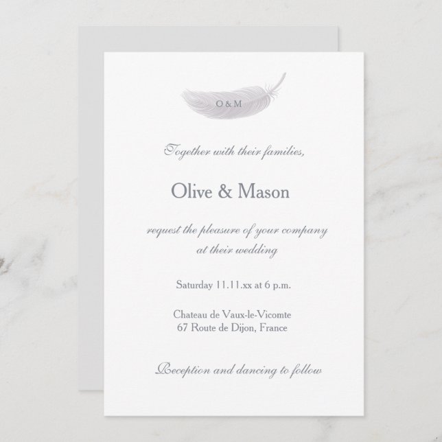 Invitation Monogramme Blanc Gris Angel Plumes Élégant Mariage (Devant / Derrière)