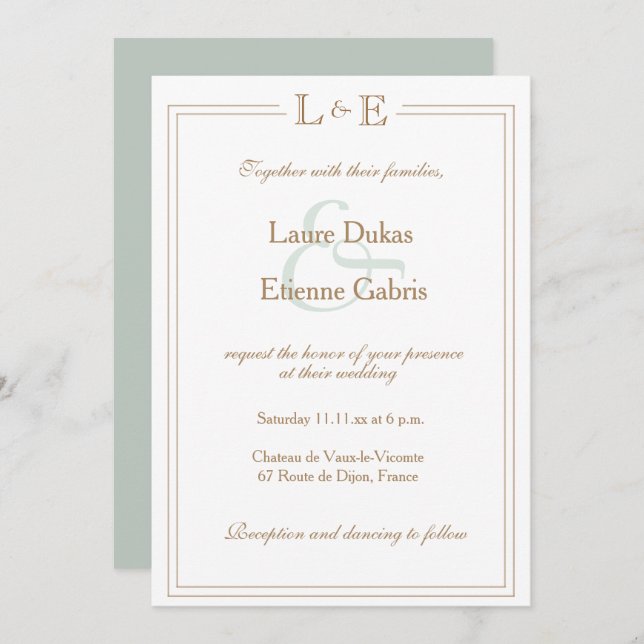 Invitation Monogramme Blanc Sage Or Ampersand Mariage moderne (Devant / Derrière)