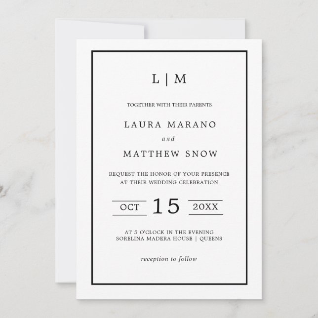 Invitation Monogramme blanc simple Mariage moderne (Devant)