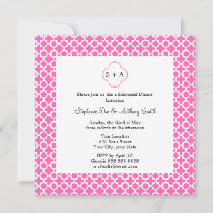 Invitation Monogramme blanc sur Motif Quatrefoil rose chaud