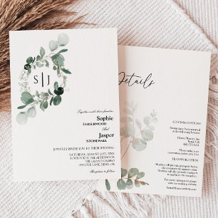 Invitation Monogramme blanc vert moderne tout en un Mariage