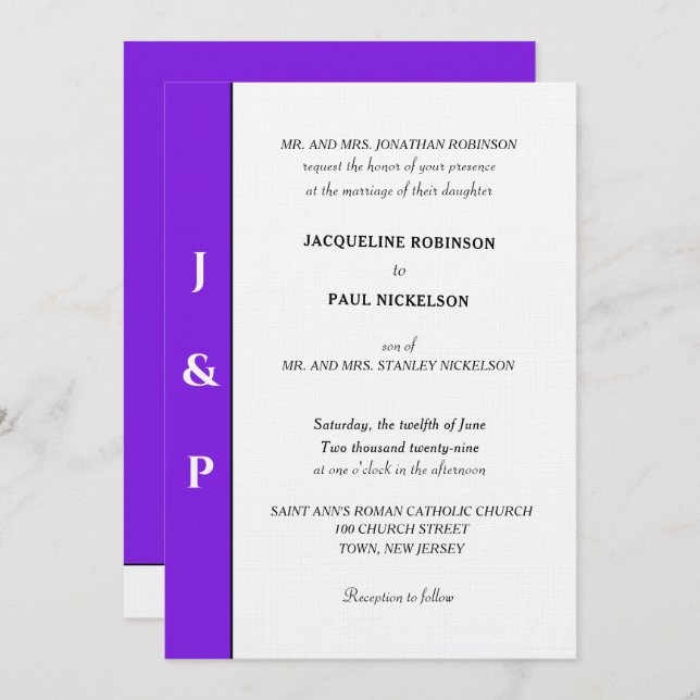 Invitation Monogramme blanc violet minimaliste (Devant / Derrière)