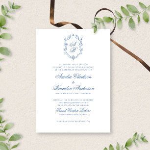Invitation Monogramme bleu botanique Crest & Script Mariage