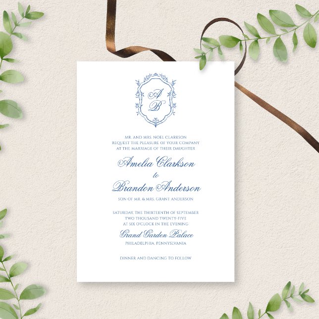 Invitation Monogramme bleu botanique Crest & Script Mariage (Créateur téléchargé)