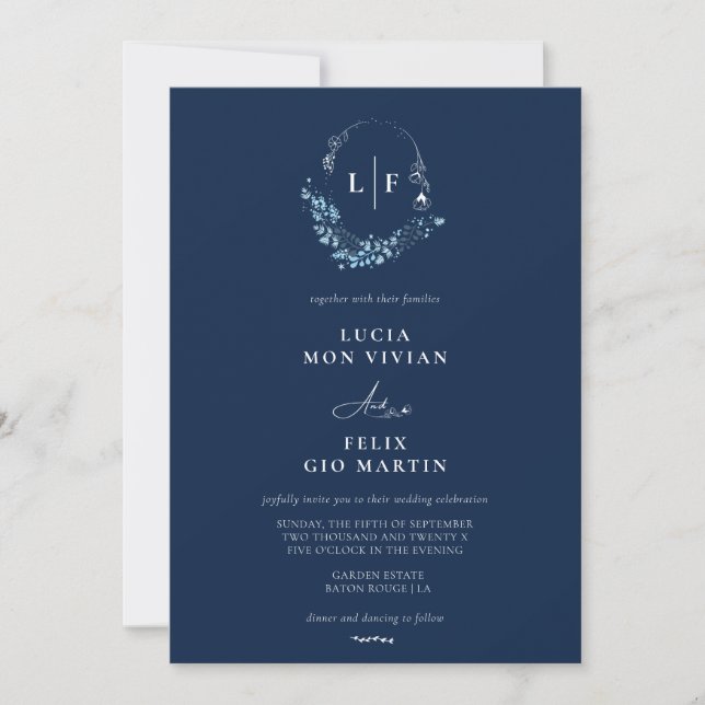 Invitation Monogramme bleu de la marine classique Mariage ini (Devant)
