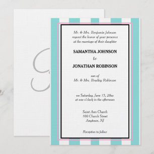 Invitation Monogramme bleu écume de mer rose blanc rayures de