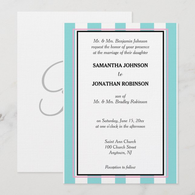 Invitation Monogramme bleu écume de mer rose blanc rayures de (Devant / Derrière)