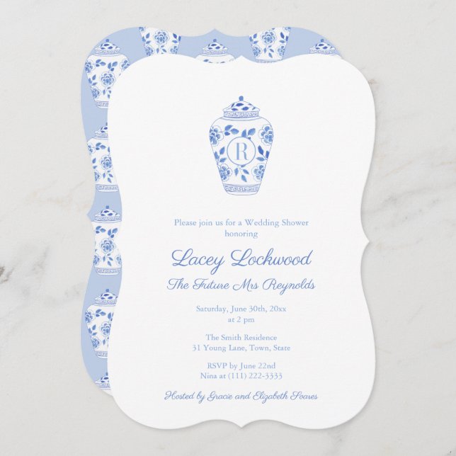 Invitation Monogramme Bleu Et Blanc Futur Mme Fête des mariée (Devant / Derrière)
