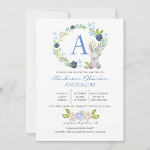 Invitation Monogramme Bleu Floral Verdure Baptême Garçon
