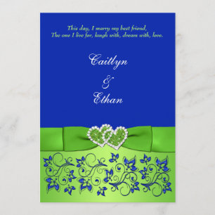 Invitation Monogramme Bleu, Flore verte, Coeurs Mariage Invit