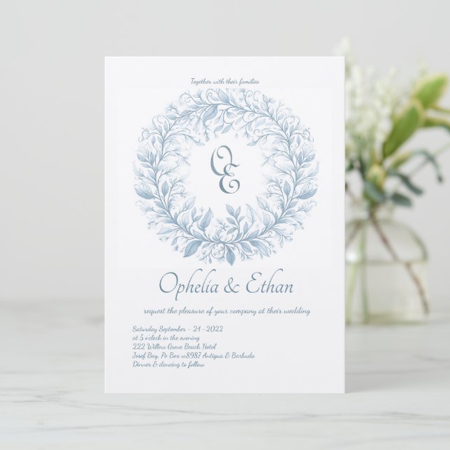 Invitation Monogramme bleu français mariage d'écusson victori (Debout devant)