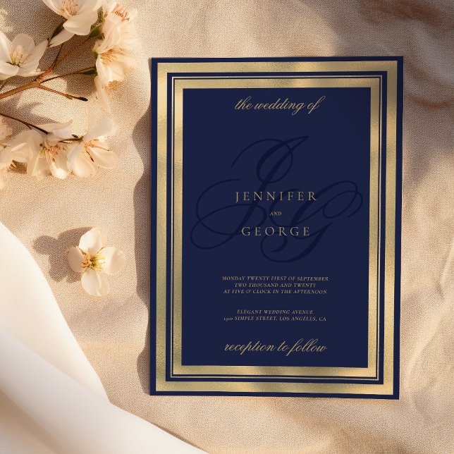 Invitation Monogramme bleu marine géométrique mariage (Geometric gold navy blue monogram initals wedding)