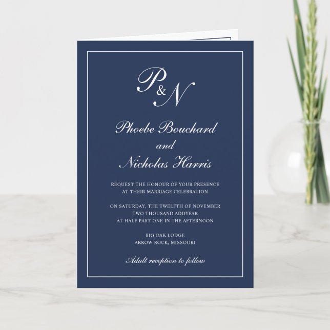 Invitation Monogramme bleu marine minimal élégant Mariage off (Devant)