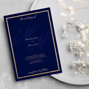 Invitation Monogramme bleu marine or initiales thème mariage