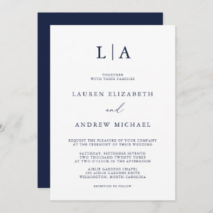 Invitation Monogramme bleu marine Simple minimaliste Mariage