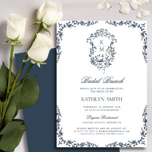 Invitation Monogramme bleu marine Vintage Crest Bridal Brunch