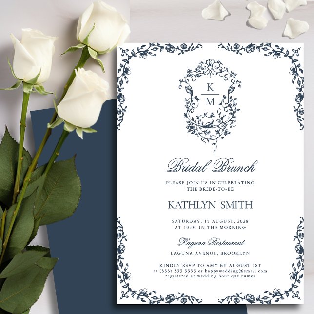 Invitation Monogramme bleu marine Vintage Crest Bridal Brunch (Créateur téléchargé)