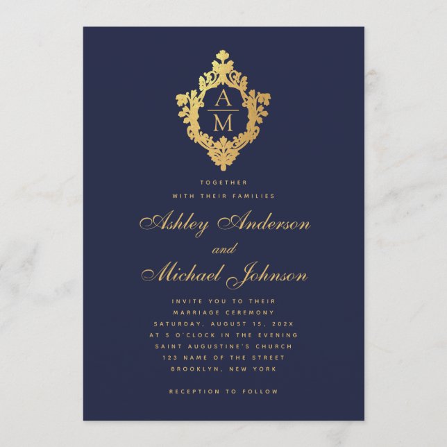 Invitation Monogramme Bleu Nuit Faux Or Couronne de Mariage V (Devant)