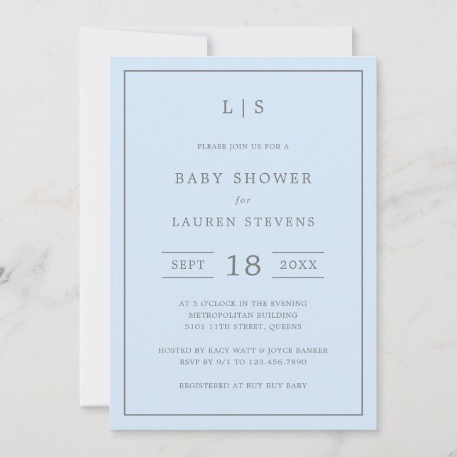 Invitation Monogramme bleu simple et gris Baby shower garçon (Devant)