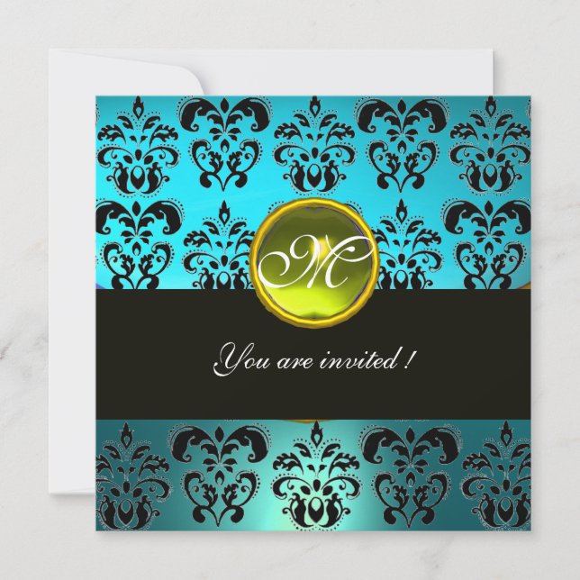 Invitation MONOGRAMME BLEU TURQUASE BLACK DAMASK, topaz jaune (Devant)
