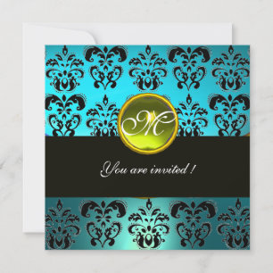 Invitation MONOGRAMME BLEU TURQUASE BLACK DAMASK, topaz jaune