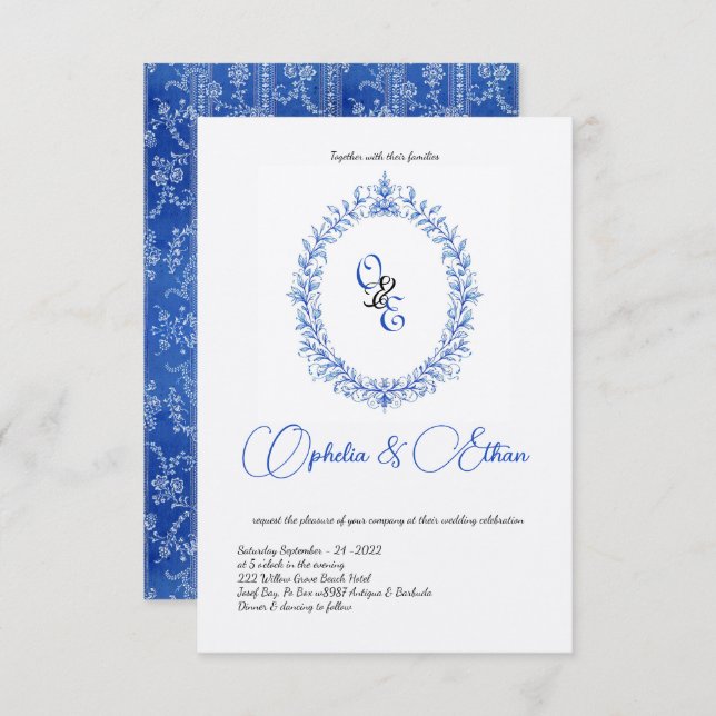 Invitation Monogramme bleu victorien Floral Crest (Devant / Derrière)