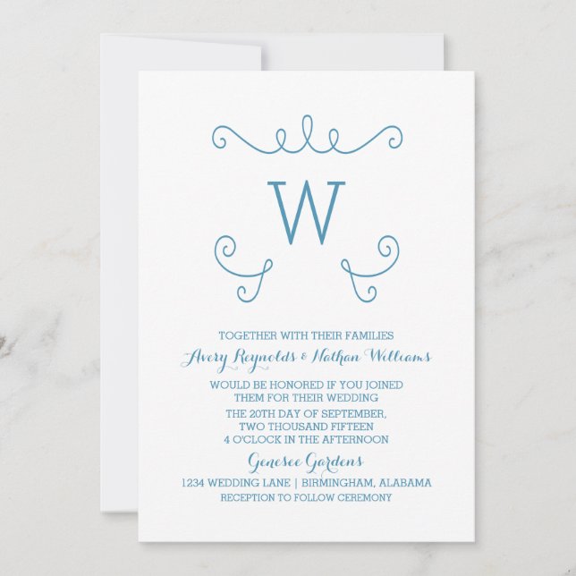 Invitation Monogramme bleu Whimsical Flourish Mariage Inviter (Devant)